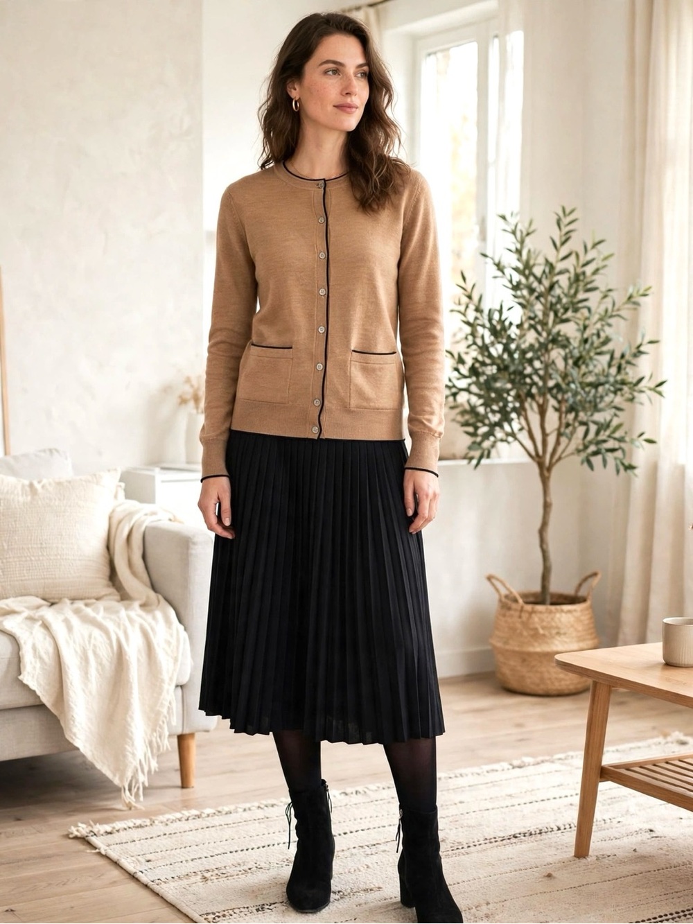 Banana Republic 💯 Merino Wool Tan Cardigan Sweater with Black Trim - Size M